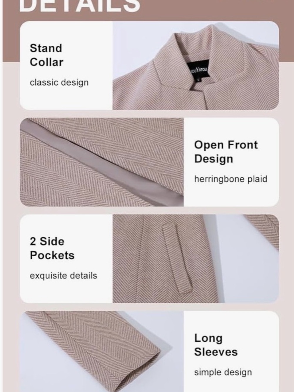 🌺CHOU YATOU CASUAL BUSINESS OPEN FRONT KHAKI BLAZER - Picture 4 of 12